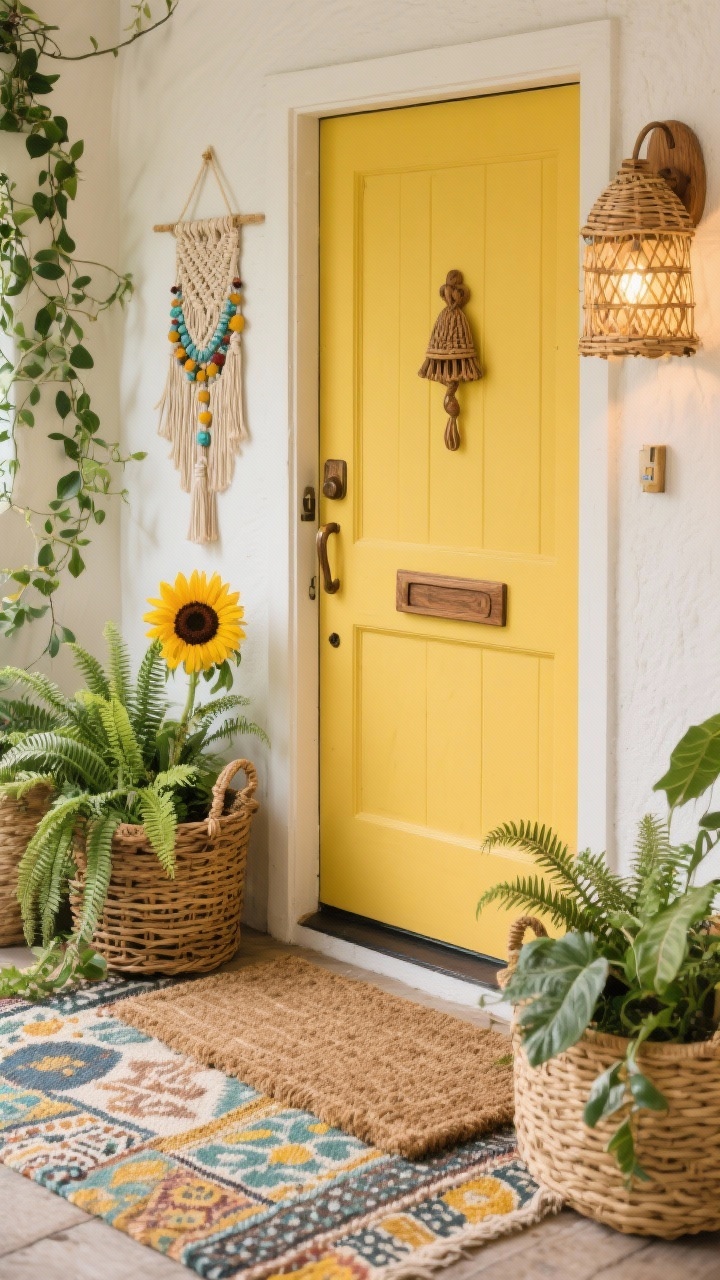 Photorealistic angled medium shot of a boho entry: sunflower yellow door with a hand-carved wood handle; layered patterned outdoor rug beneath a natural coir doormat; mixed wicker baskets used as planters overflowing with ferns and trailing ivy; a beaded wall hanging or macramé bell pull adding tactile detail near the frame; rattan or cane-wrapped sconce casting a soft, warm light; palette of sunflower yellow, natural rattan, leafy greens; playful, collected atmosphere, no people.