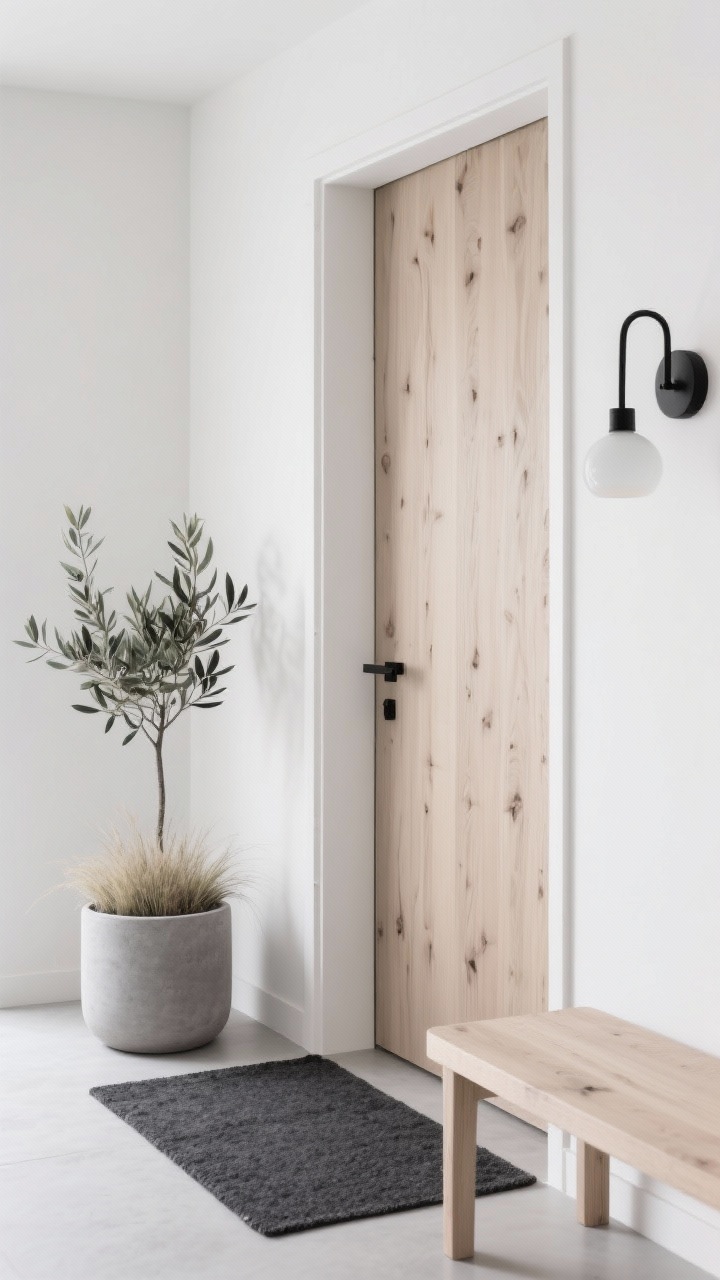 Photorealistic closeup/detail composition emphasizing Scandinavian calm: natural wood door in white oak with subtle grain, minimal black lever; crisp white door frame edge visible; cylindrical light gray ceramic planter with soft grasses or a small olive tree beside it; low-profile charcoal mat at the base; a slim pale-wood bench just in frame; slim black sconce with opal glass shade diffusing gentle daylight; palette of pale wood, white, soft gray, charcoal; serene, minimalist mood, no people.
