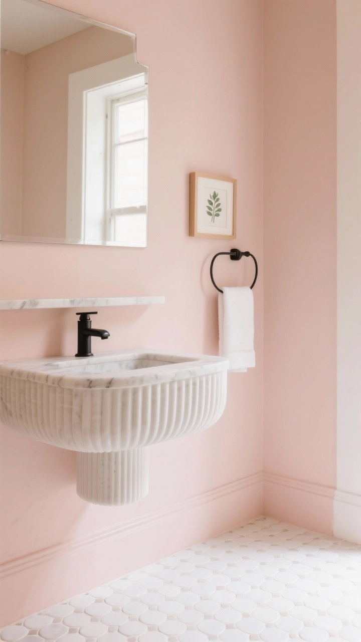 Photorealistic closeup detail of a blush pink glow-up: muted blush wall with beige undertone providing warm, flattering light; matte black faucet and towel bar; white penny tile floor with warm white grout in sharp focus; a fluted-edge mirror reflecting white elements; a slim marble ledge holding a small botanical art print; soft daylight glow, intimate angle, no people.