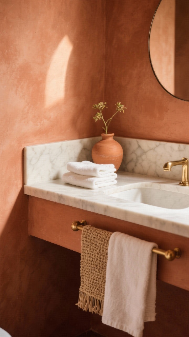 Photorealistic closeup detail of a terracotta vanity corner: velvety eggshell terracotta paint with brushed brass pulls catching warm light, creamy marble-look quartz countertop edge, rounded pill-shaped mirror partially visible. On the counter, a small ceramic terracotta bud vase and folded soft white linen hand towels; below, a natural fiber/textured runner. Earthy, sun-warmed tones with cozy, laid-back European bathroom vibe.