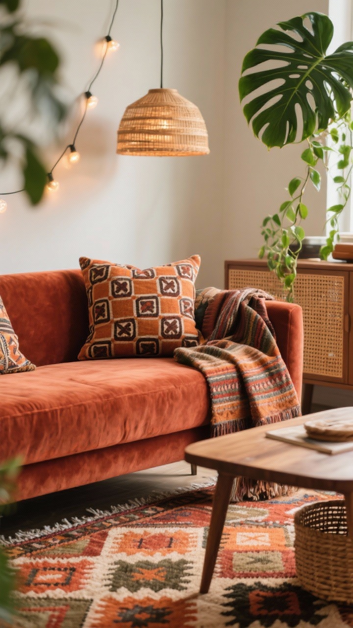 Photorealistic closeup detail of modern boho textures and color: Moroccan-style rug with bold geometric motif in terracotta, rust, and olive palette. Foreground shows velvet rust sofa edge with global textiles—block-print pillows and a folded mudcloth throw—draped casually. Visible corner of a caned media console and a mid-century wood coffee table surface with a woven basket. Soft glow from rattan pendant and string lights in background blur. Lush greenery (monstera leaf, pothos trail) peeking in for earthy, collected vibe.