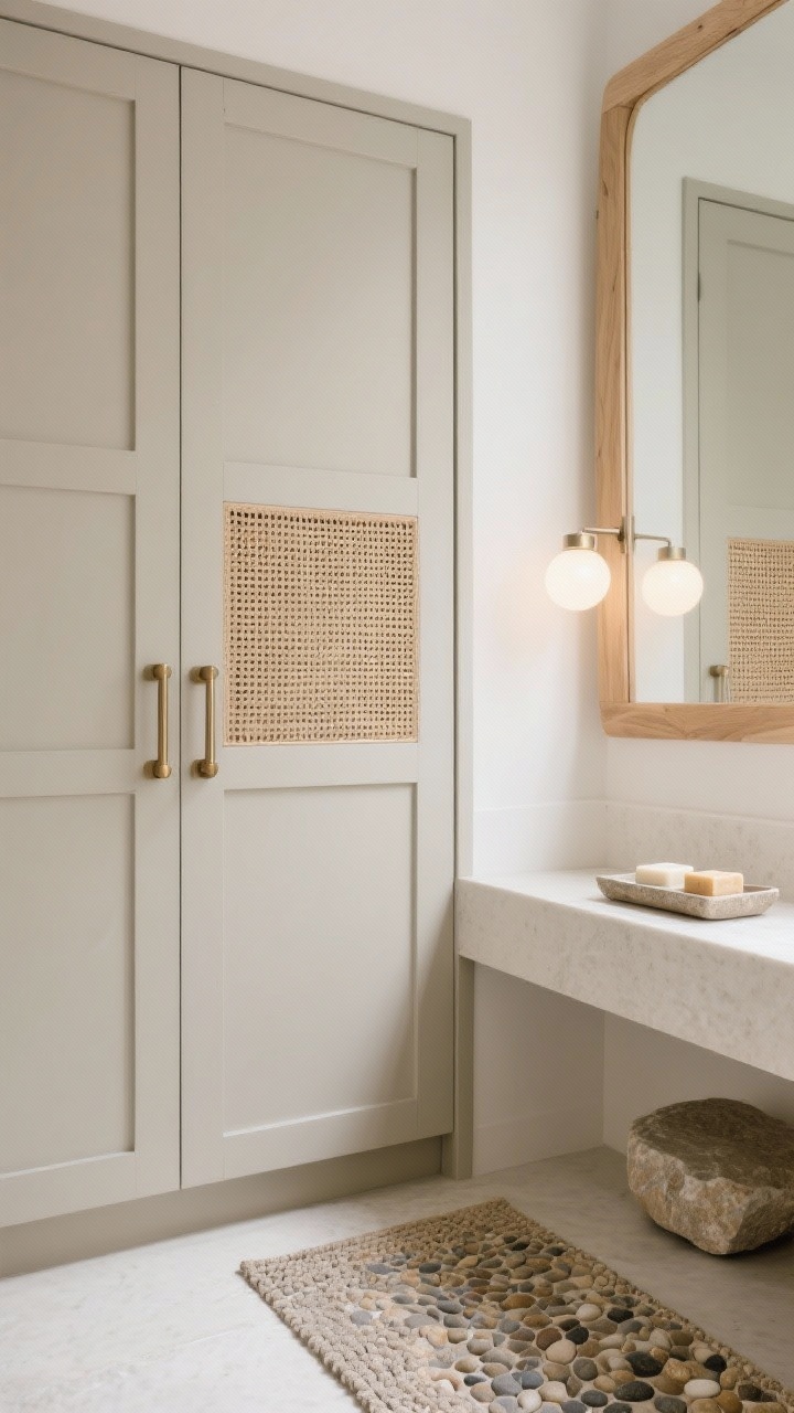 Photorealistic closeup detail, organic modern calm: greige eggshell-finish cabinet door with cane or rattan panel insert, brushed nickel or matte champagne bronze hardware. Adjacent light oak mirror frame edge, pebble-textured bath mat visible below, and a stone tray holding handmade soaps atop the counter. Soft frosted globe lighting creating gentle, spa-like illumination; whisper-quiet, sunlit feel.