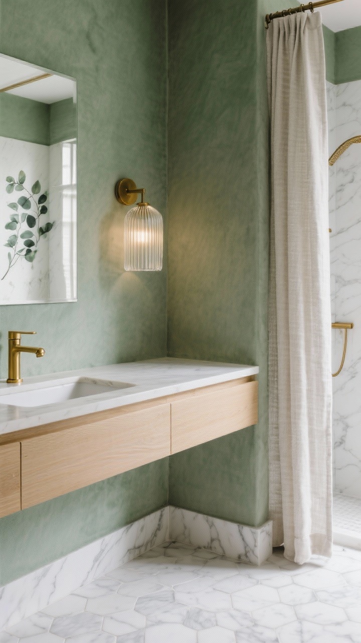 Photorealistic closeup detail shot capturing sage green quiet luxury: velvety matte dusty sage wall behind a clean-lined light oak vanity edge; brushed brass warm-not-shiny faucet and hardware; ribbed glass sconce casting soft glow; white marble micro-hex floor with soft gray veining visible at the bottom edge; linen shower curtain texture and a minimalist eucalyptus print partially in frame; calm, boutique hotel mood, side angle, no people.