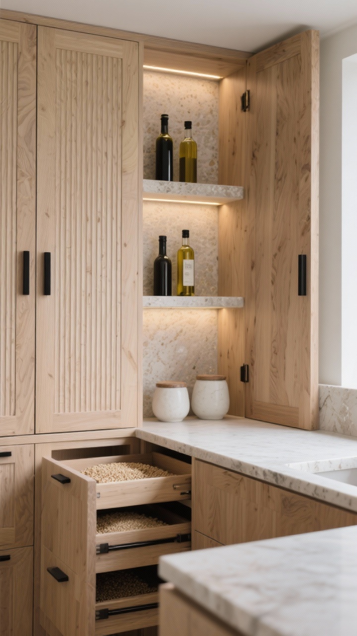 Photorealistic closeup/detail shot embodying Japandi calm: fluted natural oak cabinet doors with vertical grooves, minimalist matte black tab pulls, warm 2700K LED strips hidden beneath each shelf casting gentle glow. Door open to reveal porcelain stone niches in the back wall holding oils and vinegars, deep drawers with dovetail joinery partially open showing grains decanted in simple containers. Counter surface in honed limestone or limestone-look porcelain, quiet palette of natural oak, bone white, matte black. Perspective: close, slightly oblique to highlight fluting and stone texture.