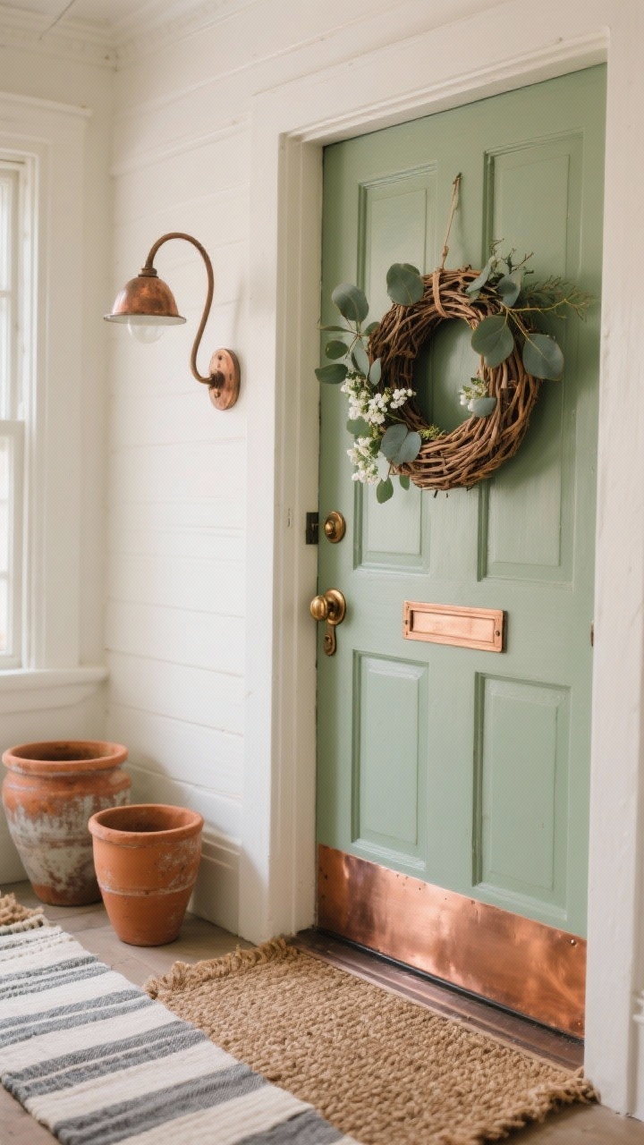 Photorealistic closeup detail shot focused on cottage elements: sage green door surface filling frame with a polished copper kick plate and matching copper knob gleaming warmly; a woven basket wreath with eucalyptus sprigs and tiny white blooms hanging at eye level; soft glimpse of vintage terracotta pots with patina at the edge of frame; layered textiles at threshold showing striped runner rug over natural coir; curved gooseneck sconce in aged copper softly diffused; palette of sage, warm copper, creamy white, terracotta; cozy, timeless mood, no people.