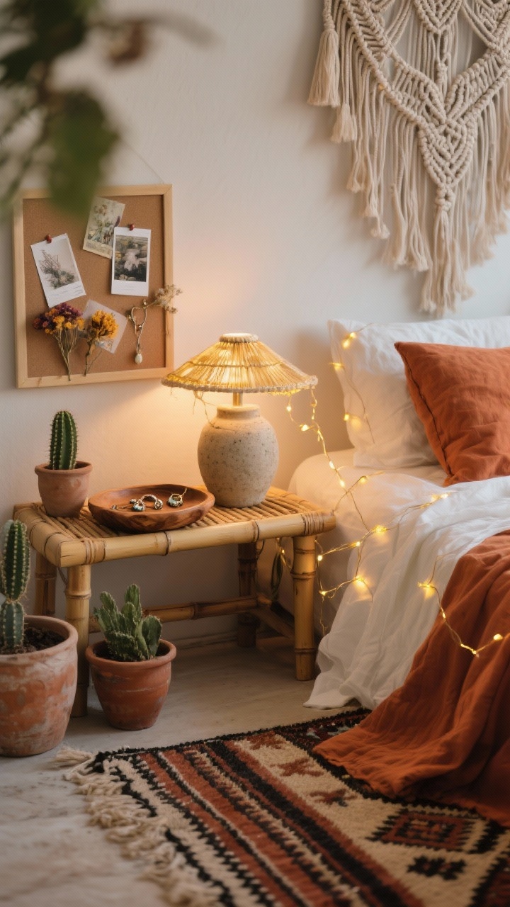 Photorealistic closeup/detail shot of an Earthy Boho Retreat nightstand vignette, soft warm evening light. Low bamboo bench used as a nightstand with a stoneware lamp casting dim, golden string-light glow in the background. Gauzy cotton bedding in warm white with a terracotta duvet folded halfway down visible at edge of frame. Macramé wall hanging softly blurred behind. Flat-weave kilim rug with earthy stripes peeking below. Ceramic planters with a small cactus, carved wood tray holding jewelry, and a linen pinboard with postcards and dried flowers partially in frame. Terracotta, olive, cream, and clay palette with subtle black accents. Cozy, layered, organic textures.
