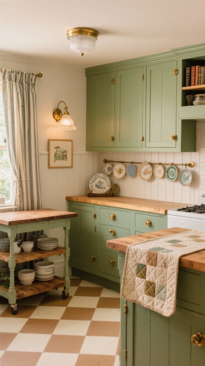 Photorealistic cozy corner shot of “Vintage Market Warmth”: sage green cabinets with antique brass cup pulls, creamy white beadboard backsplash, checkerboard vinyl floor in cream and tan, a butcher block–topped cart used as an island, plate rail displaying mismatched vintage dishes, milk-glass flush mount overhead and a brass library-style sconce on the wall, ticking stripe curtains, a quilted table runner, and a small gallery wall of market drawings; warm, nostalgic lighting; slightly elevated corner perspective to show floor pattern and layered details.