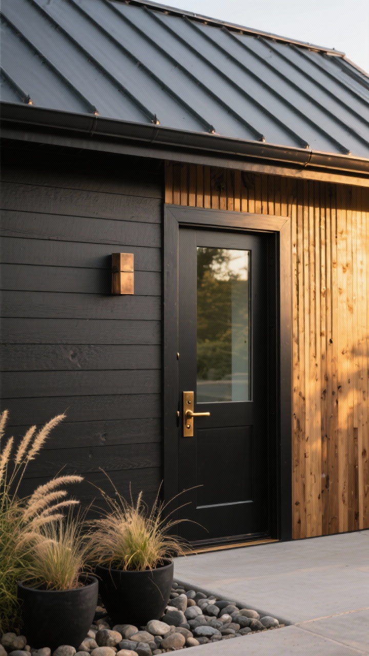 Photorealistic detail closeup at golden hour focusing on materials: deep charcoal siding with smooth black-stained trim meeting a section of natural cedar vertical slats; bronze/aged-brass door handle on a solid black or glass-paneled door partially in frame; graphite standing-seam metal roof edge visible above; foreground accents of black planters, ornamental grasses, and a river rock border; warm golden side light glinting subtly off the bronze.