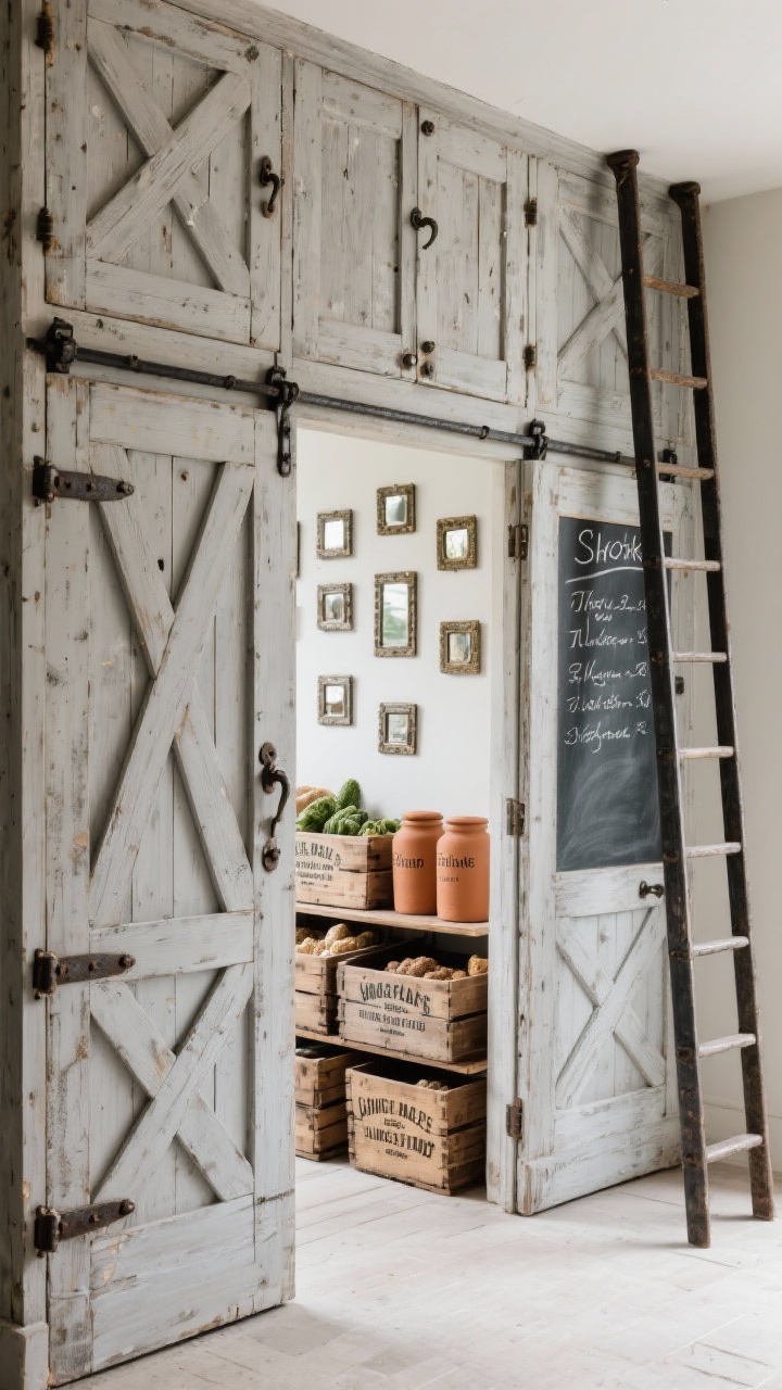 Photorealistic detail/medium shot capturing rustic French market vibes: weathered wood cabinet fronts in desaturated greige with cross-brace detail, forged iron bin pulls and strap hinges. Doors open to reveal stacked open pine crates branded with vintage-inspired typography holding produce and dry goods, back panel lined with small antique mirror squares subtly bouncing light. A slim library ladder on a blackened steel rail partially in frame, chalkboard panel inside one door with a shopping list in chalk. Add terracotta jars labeled for flour and sugar. Perspective: three-quarter angle emphasizing texture and patina.