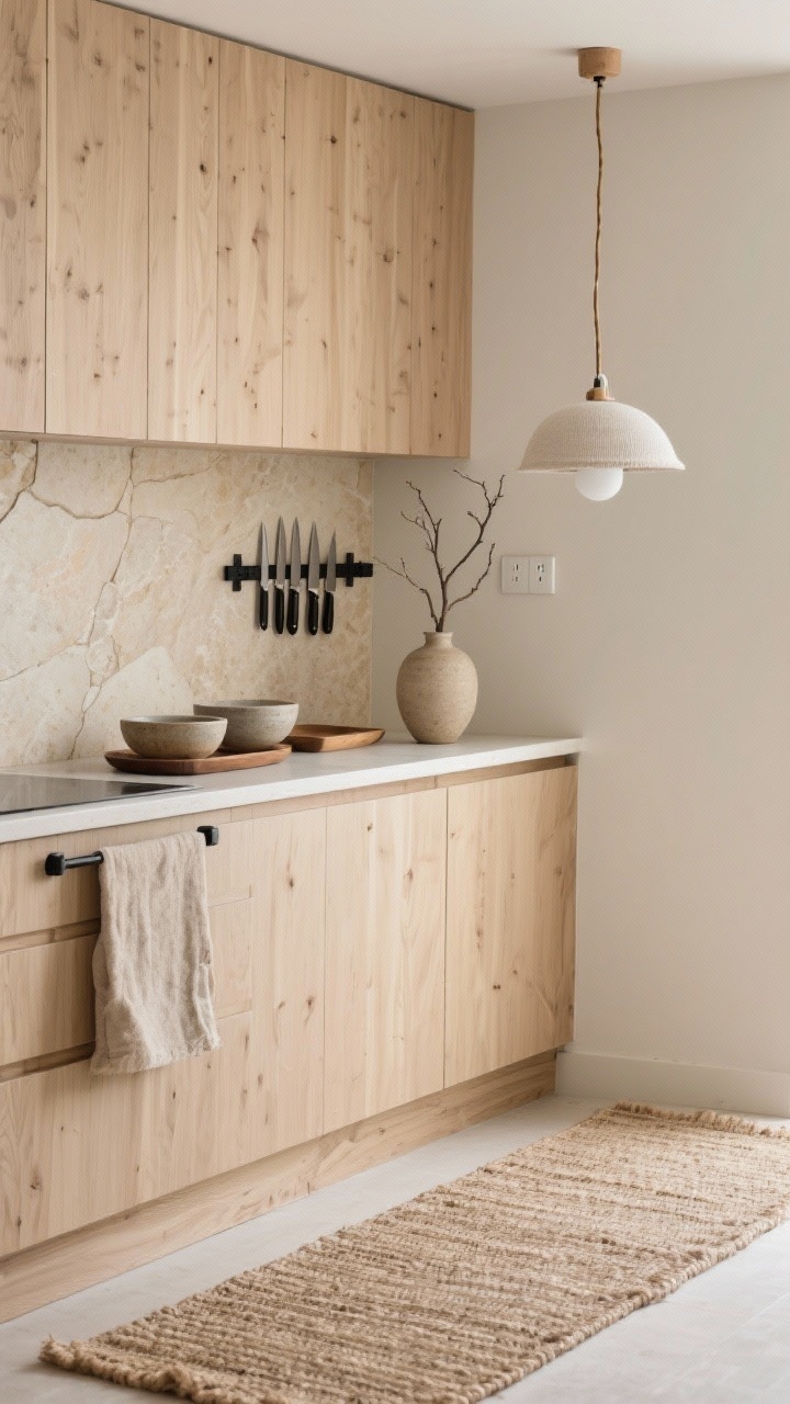 Photorealistic detail/medium shot focusing on organic Japandi textures, angled perspective. Flatweave natural runner grounding the scene; countertops wrapped in warm beige stone-look vinyl. Light wood (ash/birch tone) peel-and-stick panels on the backsplash. Minimal, functional accents: matte black adhesive pulls, a magnetic knife strip with neatly arranged knives. Neutral styling with stoneware bowls, oak trays, and a single ceramic vase holding a simple branch. Soft warm-white plug-in pendant light (fabric cord) hung with removable hooks in view. Toe-kick finished with peel-and-stick wood grain film. Calm, tactile, minimal mood, no people.