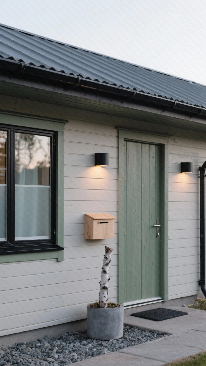 Photorealistic detail shot, closeup of a Scandinavian façade junction: soft greige (light taupe-grey) siding meeting powder black muted window frames and gutters, frosted pine green door partially visible with minimalist hardware, matte dark gray metal roof edge above; slimline black sconces casting warm-temperature glow at dusk; pale wood mailbox mounted nearby; simple gravel path and a birch planter in the foreground; quiet, understated mood.