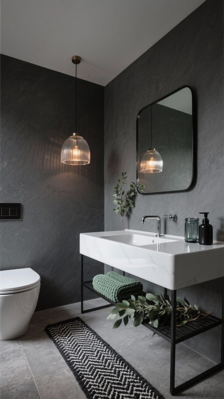 Photorealistic medium corner view of a moody charcoal gray bathroom featuring a glossy white vanity, chrome fixtures, and a thin black metal frame mirror; ribbed glass pendant lighting with warm LEDs, waffle-knit towels, a patterned black-and-white runner on concrete-look tile flooring; styled with a black soap pump, smoked glass canisters, and eucalyptus-green hand towels; boutique hotel vibe, artful and dramatic.