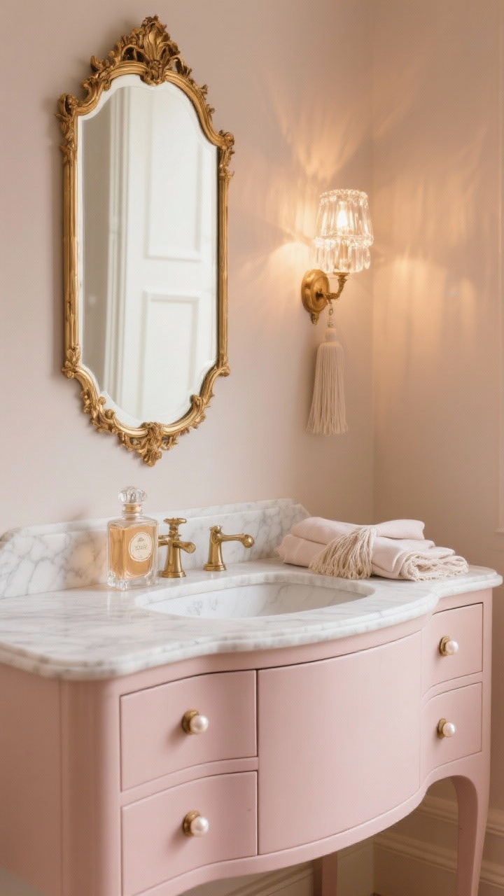 Photorealistic medium, Parisian glam vignette: soft blush satin-finish vanity with pearl-inset knobs on brushed brass backplates, white marble countertop. Ornate gold mirror above, small crystal sconce casting a gentle glow. On the counter, a vintage perfume bottle and neatly folded fringed linen. Elegant, flirty-but-grown-up atmosphere with warm, romantic lighting.