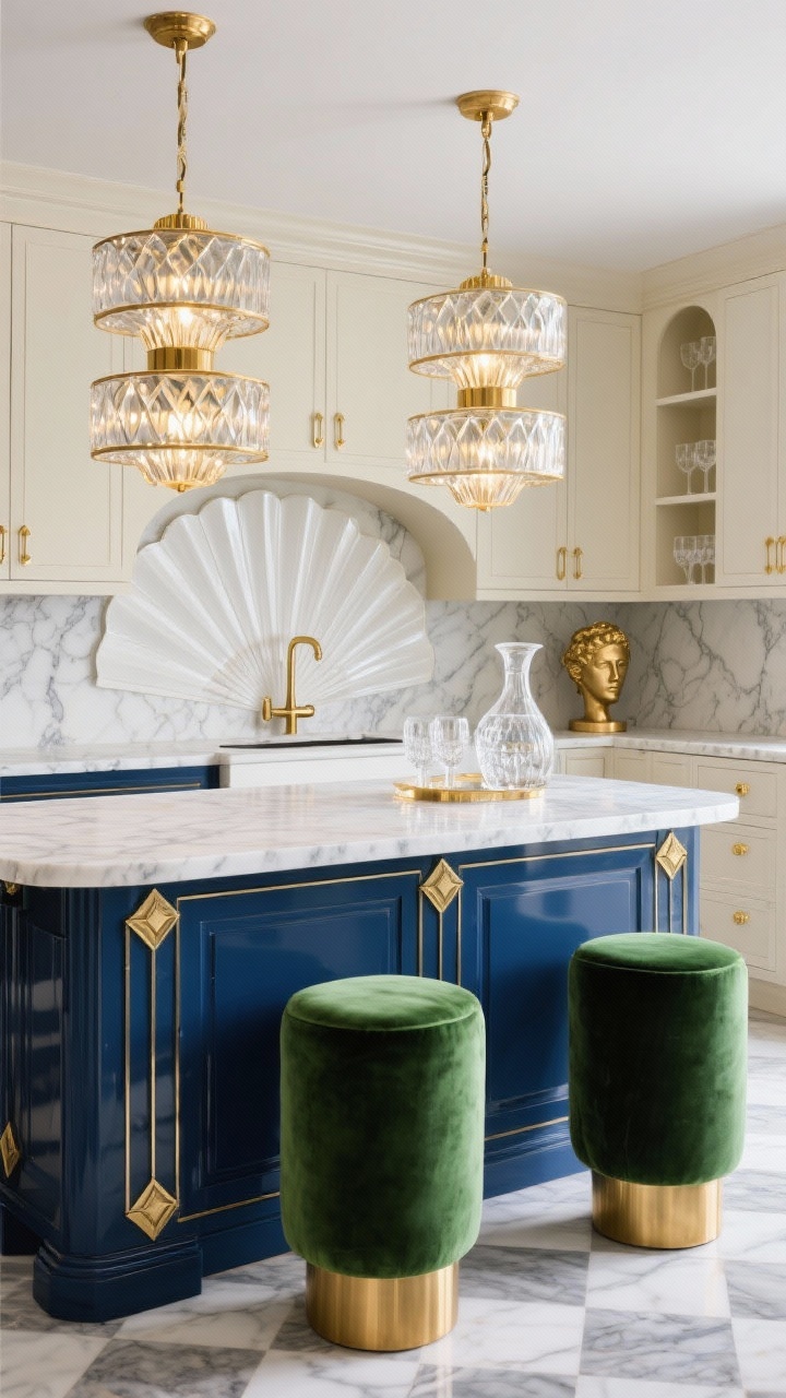 Photorealistic medium shot, Art-Deco Glam composition: ink blue island with inset panels and gleaming Arabescato marble top; two tiered Art Deco pendants with stepped glass shades and brass frames sparkling, projecting patterned light onto the marble; polished brass hardware with geometric backplates on nearby cabinetry; subtle cream-and-soft-grey checkerboard floor; emerald green velvet-upholstered stools with brass footrests; pearly white fan-shaped scallop backsplash; cut-crystal carafe, gold-rimmed glassware, and a small brass bust on a corner shelf; celebratory, glamorous ambiance.
