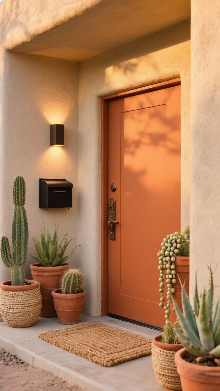 Photorealistic medium shot at golden hour of a desert modern entry: rich terracotta-painted front door with oil-rubbed bronze hardware; cluster of terra-cotta planters in varied heights featuring cacti, aloe, and string-of-pearls cascading; woven jute doormat centered; minimal black metal mailbox mounted nearby; boxy wall light casting a warm LED glow across sand-toned stucco; accents of sun-faded hues and woven textures; earthy, sculptural vibe, no people.