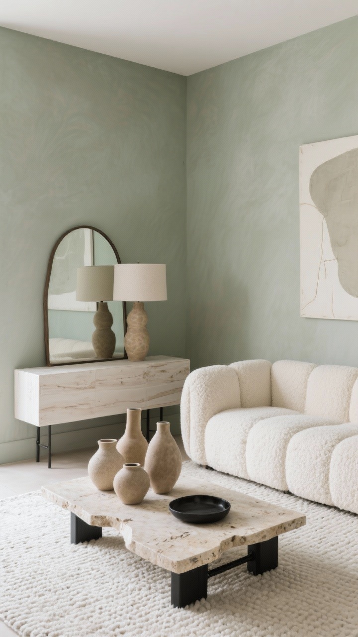 Photorealistic medium shot, corner angle, of a modern organic space with muted smoky sage walls. Bouclé sectional in ecru paired with a travertine slab coffee table. Sculptural ceramic table lamp, arched mirror leaning on a whitewashed oak console, cluster of textured vases in sand tones. Low-pile ivory rug with micro pattern. Matte black hardware accents for crisp contrast. Minimalist abstract art, soft diffused daylight.