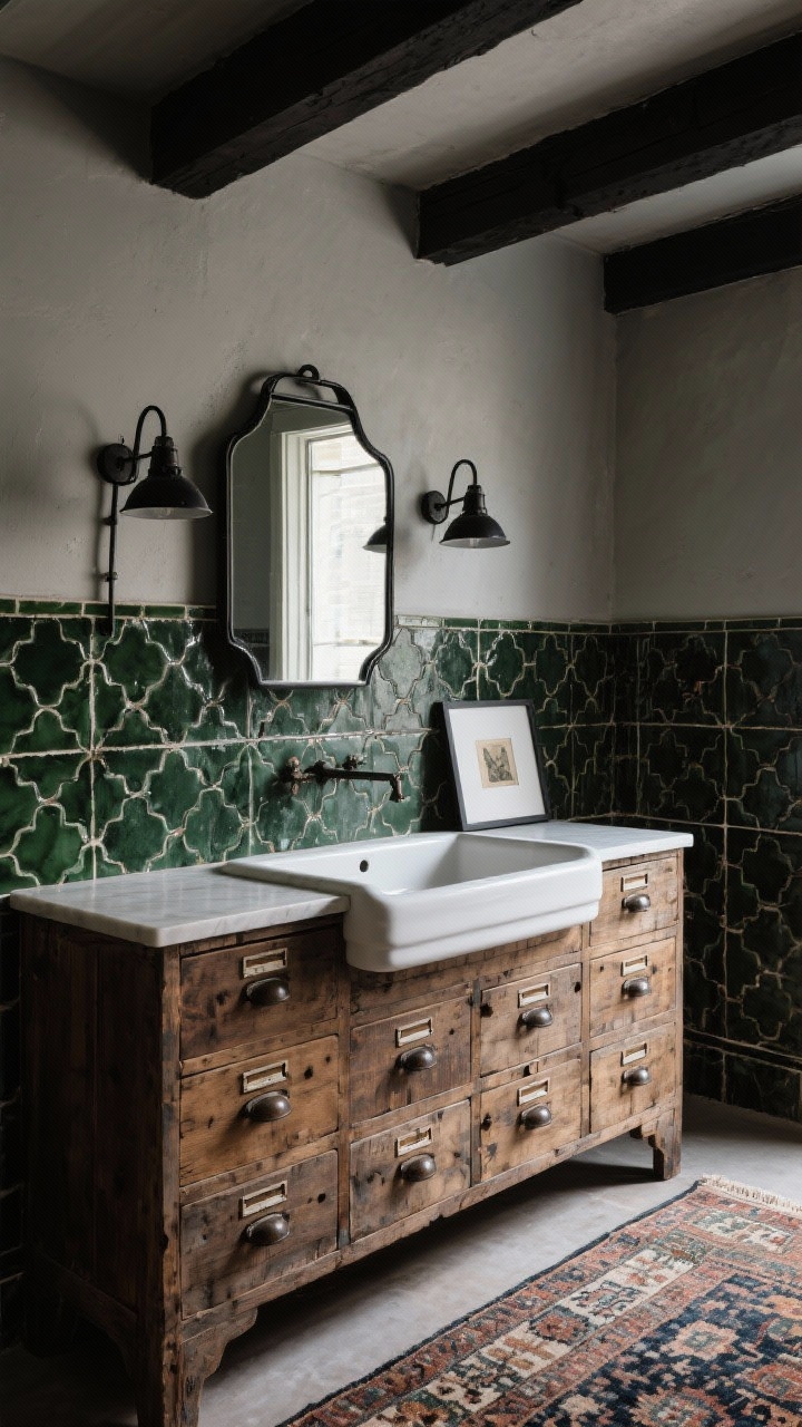 Photorealistic medium shot focusing on a vintage apothecary-style vanity in worn wood with many small drawers and cup pulls, topped with a thick white ceramic trough sink; backdrop of bold patterned cement tiles or rich dark green zellige running to the ceiling; a black metal pivot mirror and an industrial wall sconce in blackened steel; styling includes a vintage rug on the floor and a small framed print leaning on the backsplash; moody, character-filled lighting with slight sheen on tile, angled perspective