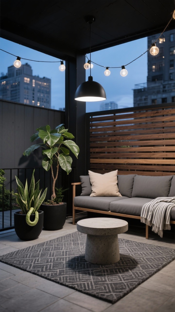 Photorealistic medium shot from a corner angle of a modern city porch in charcoal and black with warm slatted acacia wood: a low-profile sectional with stone-gray cushions, matte black planters holding snake plants and a rubber tree, a graphite flat-weave outdoor rug with a subtle geometric pattern, a round concrete side table; overhead string globe lights and a simple black pendant for ambiance, linen pillows in oatmeal and a thin-striped throw softening the lines; evening blue-hour lighting emphasizing sleek, minimal drama, no people.