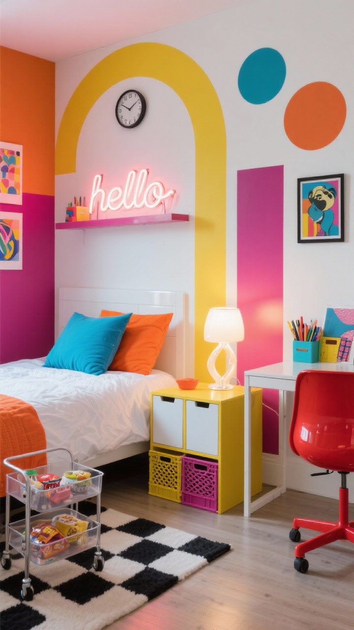 Photorealistic medium shot from a corner angle of a Color-Blocked Pop Art dorm, energetic lighting. Crisp white bedding accented with color-blocked pillows in cobalt, tangerine, and magenta. DIY color-block wall of removable vinyl arches, circles, and rectangles in primary brights. Glossy white storage cubes, a lacquered red desk chair, and a compact yellow side table. Black-and-white checkerboard rug on the floor. Neon-style “hello” sign glowing on a shelf and a sculptural LED table lamp on the side table. Pop art prints on the wall, retro flip clock on the cube, and stackable crates in candy colors. Clear rolling cart with visible snacks/art supplies. Bright, punchy, graphic.