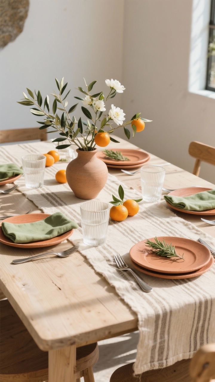 Photorealistic medium shot of a California organic modern table: striped flax runner over a pale oak table, stoneware in sand tones topped with terracotta side plates, brushed nickel flatware, ribbed/fluted glassware catching the light. Centerpiece of olive branches, kumquats, and white blooms in a simple unglazed clay vase. Sage green napkins tucked under plates with a clipped sprig of rosemary. Bright, sun-washed natural light from the side, emphasizing flax linen, ribbed glass, raw clay, and smooth stone textures; relaxed, airy vibe.