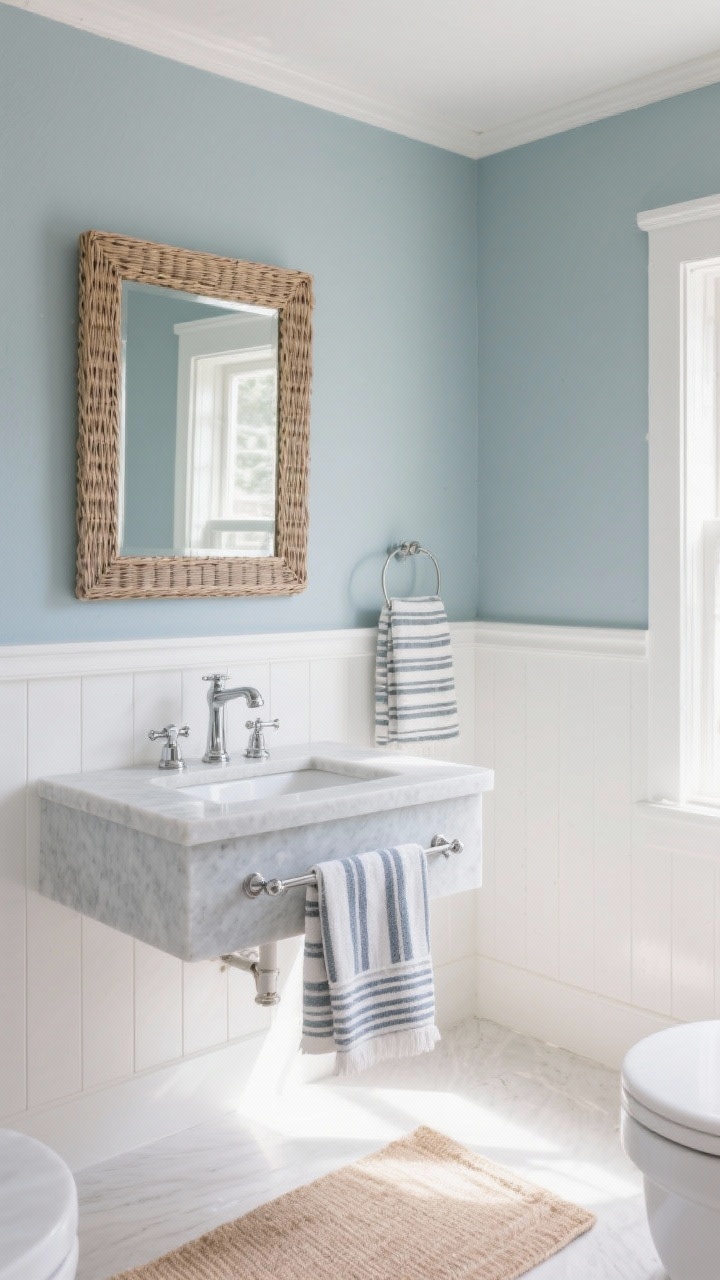 Photorealistic medium shot of a coastal calm bathroom: upper walls in misty blue-gray with crisp white trim, lower walls in white beadboard (satin finish); pale gray stone vanity top, polished chrome fixtures with classic cross handles; a rattan-framed mirror above the sink, striped Turkish towels, and a sandy-toned runner; bright natural daylight with a reflective, breezy feel, straight-on perspective, no people.