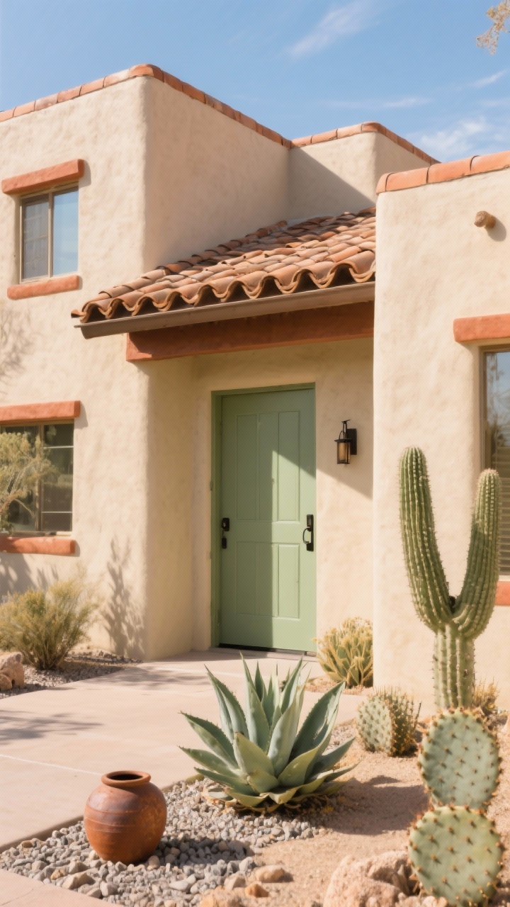 Photorealistic medium shot of a desert modern exterior at a slight upward angle: warm sandstone beige stucco body, terracotta trim highlighting parapets and window sills, muted cactus/sage green front door in low-sheen finish, clay tile roof, aged bronze or blackened steel hardware, xeriscape landscaping with agave, prickly pear, gravel groundcover, and rust-toned pottery; clear, high-sun desert lighting with soft shadows; organic, sun-drenched feel.