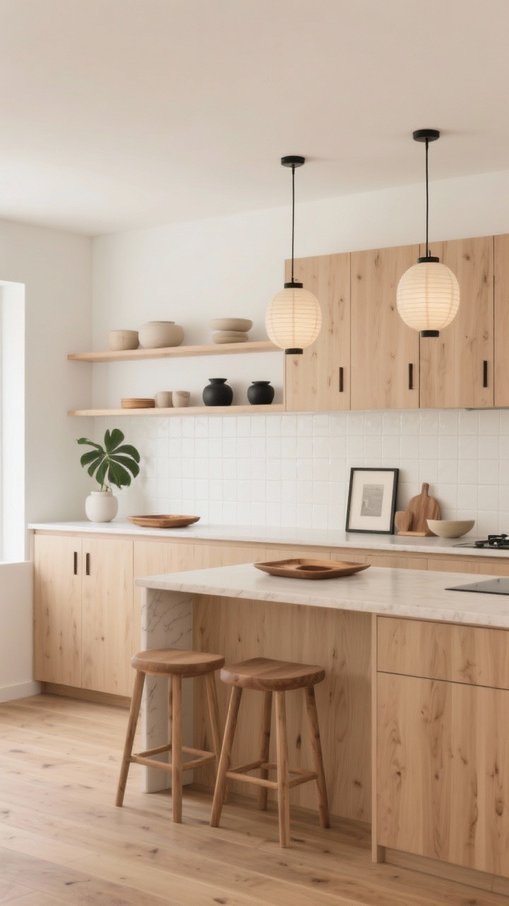 Photorealistic medium shot of a Japandi minimal kitchen vignette: flat-front oak cabinets in a light natural finish, warm white walls, integrated pulls, creamy quartz counters, and a low-contrast off-white micro-tile backsplash. Paper lantern pendants overhead, simple ash wood stools tucked under the counter. Natural oak flooring with matte finish, restrained open shelves styled with neutral ceramics, teak trays, one leafy plant, and small black accents (a frame, a bowl). Calm daylight, clean lines; straight-on view.