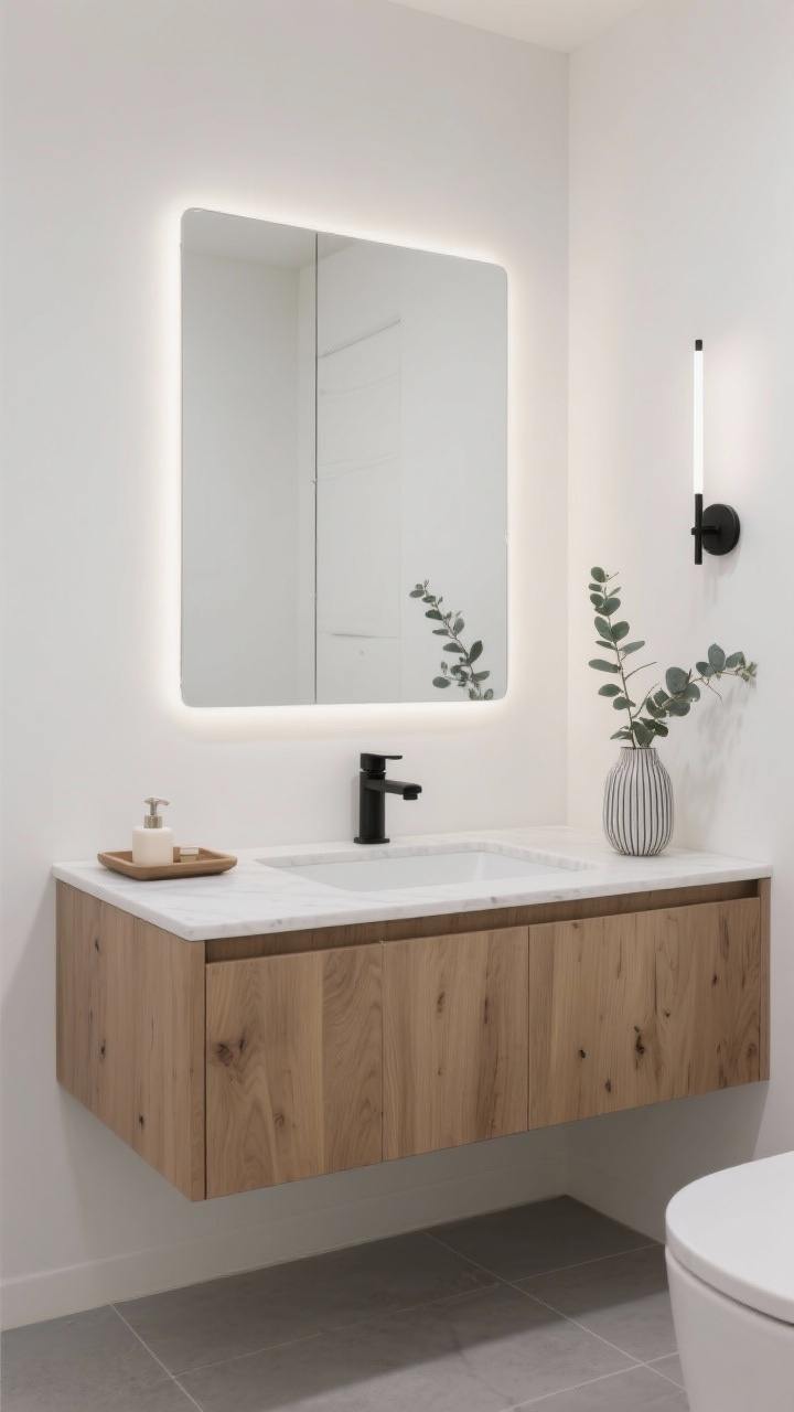 Photorealistic medium shot of a minimalist small bathroom corner featuring a warm oak floating vanity with slab fronts and no hardware, topped with a thin white quartz counter; a frameless backlit mirror glows softly above a matte black single-hole faucet, with a slim matte black towel hook and a linear sconce; calm palette with soft gray floor tile and crisp white walls; styling includes a low-profile tray with hand soap and a single sprig of eucalyptus and a ribbed vase; clean modern lines, no clutter, soft diffused lighting, straight-on perspective