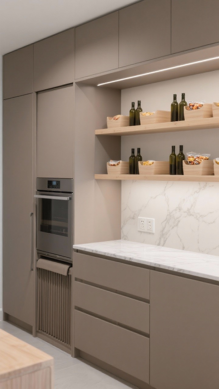 Photorealistic medium shot of a modern minimalist slab pantry: full-height flat slab cabinets in mushroom taupe with ultra-thin integrated pulls, velvet-matte finish. One door open to reveal a hidden appliance garage with a pocketing tambour door, adjustable pale maple shelves with uniform airtight decanters and snack bins arranged symmetrically, seamless veined quartz work surface (square edge) with discreet outlets tucked under the shelf lip. Color palette in mushroom taupe, pale maple, soft white. Lighting is soft, diffuse, with minimal reflections; exterior remains hardware-free and uncluttered. Angle: straight-on for sleek lines.