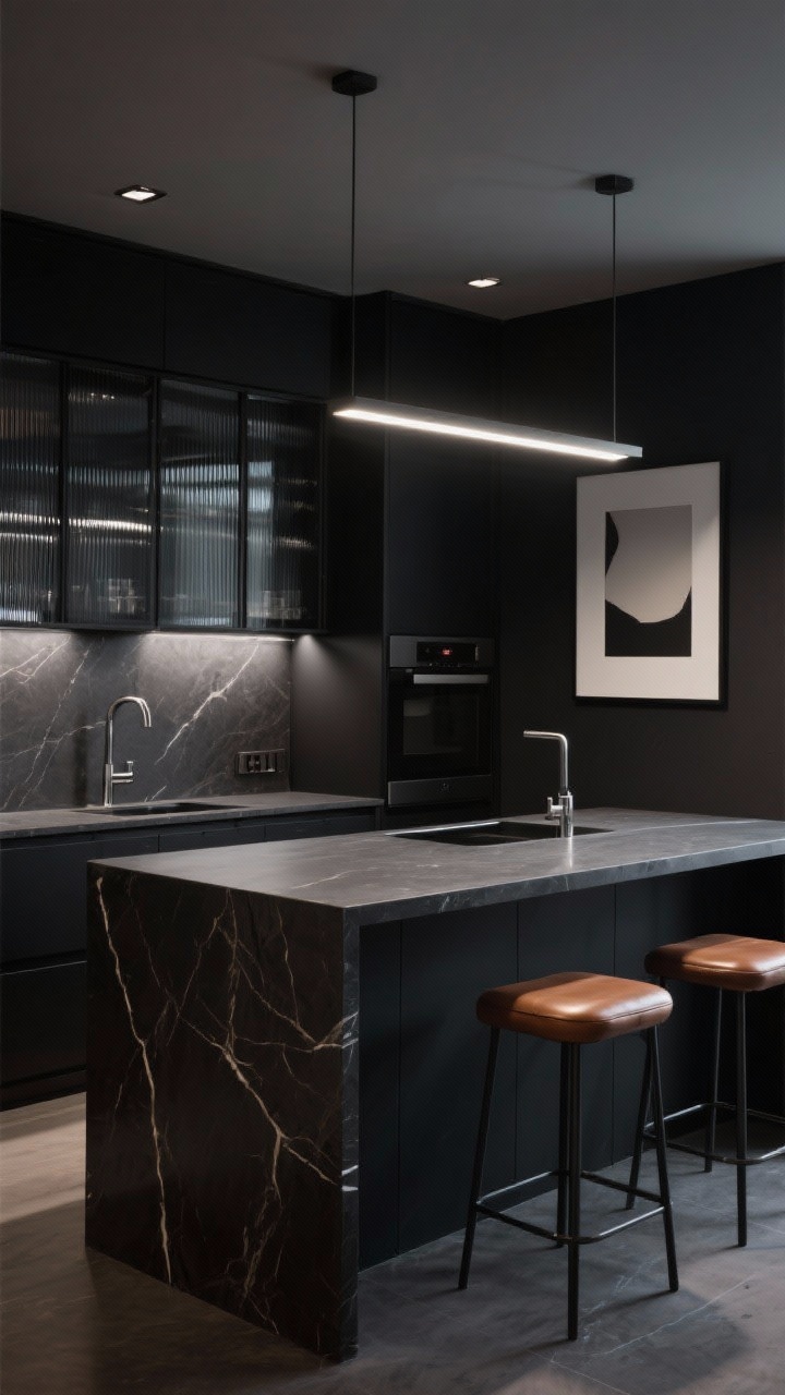 Photorealistic medium shot of a moody modern kitchen island with matte black cabinets and a sculptural waterfall-edge island topped in charcoal quartz. A seamless charcoal quartz slab backsplash (no grout lines), crisp brushed chrome hardware, fluted glass upper cabinets reflecting a subtle sheen. Linear LED fixture over the island with discreet recessed cans, low-profile cognac leather stools, and a single oversized art print with white matting on a nearby wall. Dramatic, refined evening lighting; corner angle.