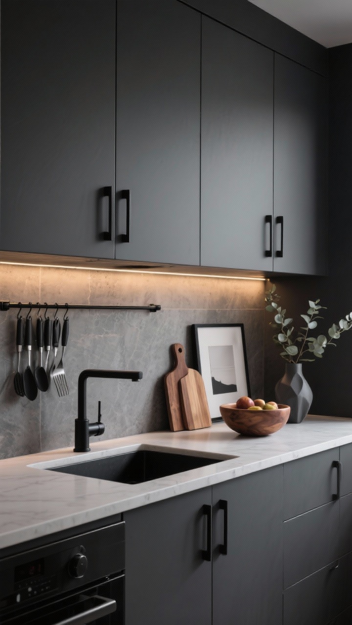 Photorealistic medium shot of a Moody Modern Monochrome kitchen wall: charcoal gray flat-panel cabinets with matte black bar pulls, black faucet over a clean countertop, black-framed rail holding utensils; peel-and-stick concrete-look backsplash; warm LED under-cabinet lighting casting soft glow on walnut cutting boards, a walnut wood fruit bowl, minimalist art print and a sculptural vase with eucalyptus; moody, sleek vibe, straight-on view, subdued overall lighting.