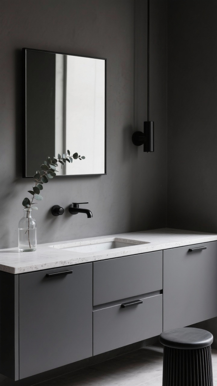 Photorealistic medium shot of a moody modern vanity: matte charcoal gray slab-door cabinets with matte black bar pulls, wall-mounted matte black faucet over a white concrete or stone-look countertop. A squared-off mirror with a thin black metal frame and a linear black sconce above. Minimal styling: a single eucalyptus sprig in a clear glass bottle and a small ribbed black stool nearby. Clean lines, low-glare lighting, high-contrast, dramatic mood.