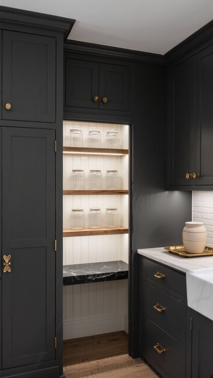 Photorealistic medium shot of a moody Shaker pantry: tall charcoal Shaker cabinets with deep paneling and matte lacquer, ceiling-height built-in look, brushed brass bar pulls and classic butterfly hinges. Doors open to reveal warm white oak shelves glowing with thin LED strip lighting, clear glass canisters aligned like a modern apothecary, subtle charcoal beadboard back panel for texture, and a honed black soapstone landing shelf inside the pantry nook. Soft white ambient lighting, counters mostly bare except a single ceramic crock and a vintage brass tray. Angle: straight-on with slight eye-level tilt to emphasize symmetry and drama.