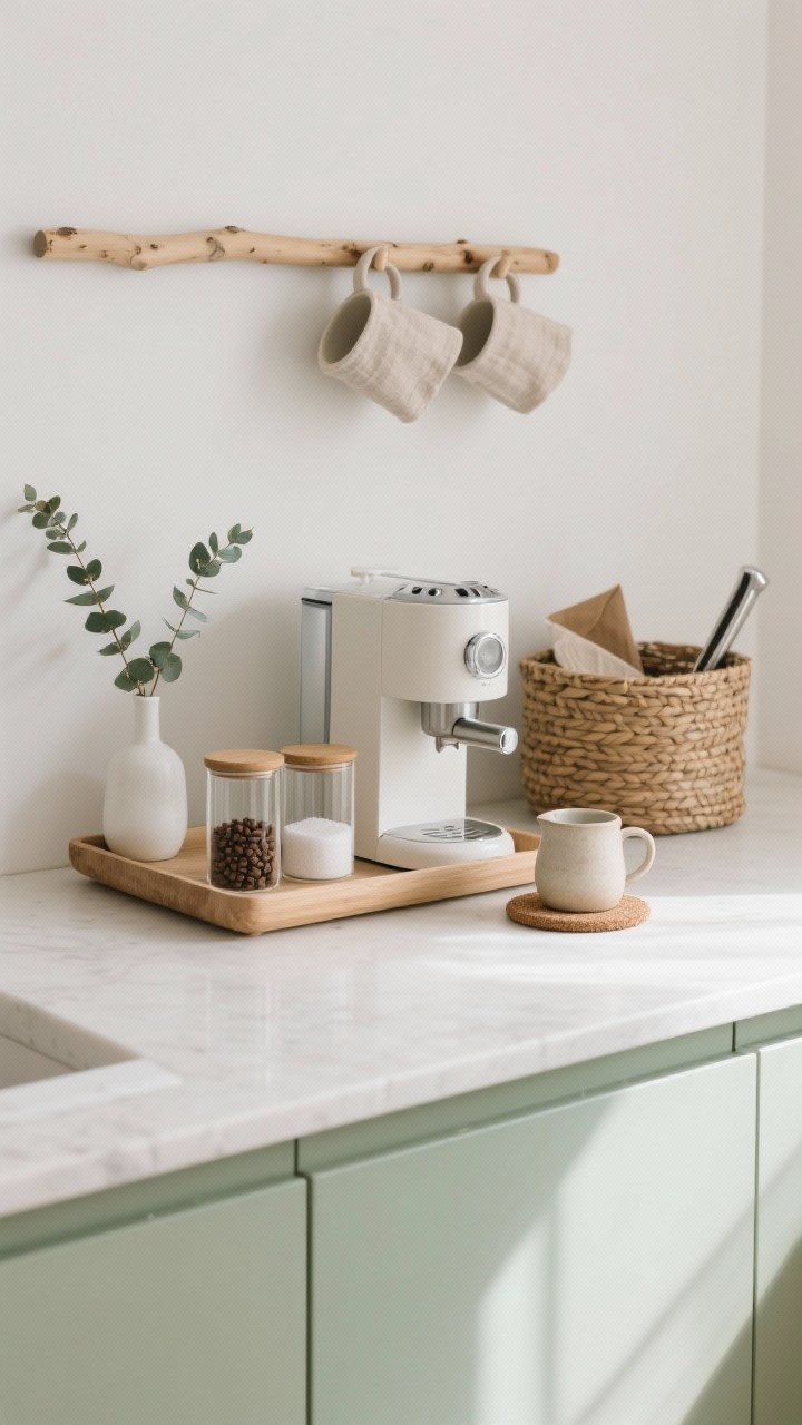 Photorealistic medium shot of a Scandinavian Light + Cozy countertop vignette in soft morning light: a pale oak tray holds a matte white espresso machine set on a round cork trivet, with two slim glass canisters for beans and sugar. A narrow birch peg rail above displays two linen-textured mugs; a tiny white vase with eucalyptus stems and a stoneware creamer sit nearby. A woven rattan basket tucks filters and a foldable milk frother. Palette of white, pale oak, and sage green accents; textures of linen, ceramic, and light wood; calm, airy mood; straight-on perspective.