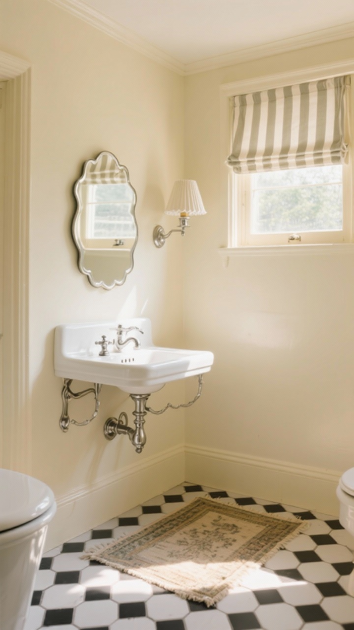 Photorealistic medium shot of a sunlit butter cream vintage revival bath: pale butter cream satin walls amplifying light from a small window; classic black-and-white hex mosaic floor; chrome console sink with porcelain lever handles; scalloped mirror and a scalloped or fluted sconce; striped café curtain and a small vintage rug; warm morning sunlight creating cheerful, nostalgic ambiance, straight-on view, no people.