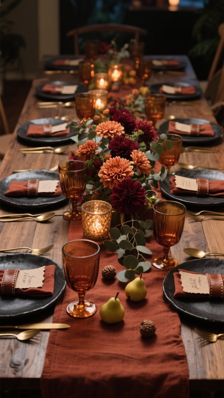 Photorealistic medium shot of a walnut dining table styled for Friendsgiving: a moody rust linen runner down the center, layered matte black stoneware place settings, brushed brass flatware, and smoky glass goblets. Low, lush centerpiece with a cluster of amber hurricanes and a loose arrangement of copper mums, burgundy dahlias, and eucalyptus. Leather napkin rings, handwritten place cards on thick deckled-edge paper, and scattered mini pears and acorns along the runner. Warm evening ambient lighting with soft brass glints; straight-on angle at table height for intimate depth.