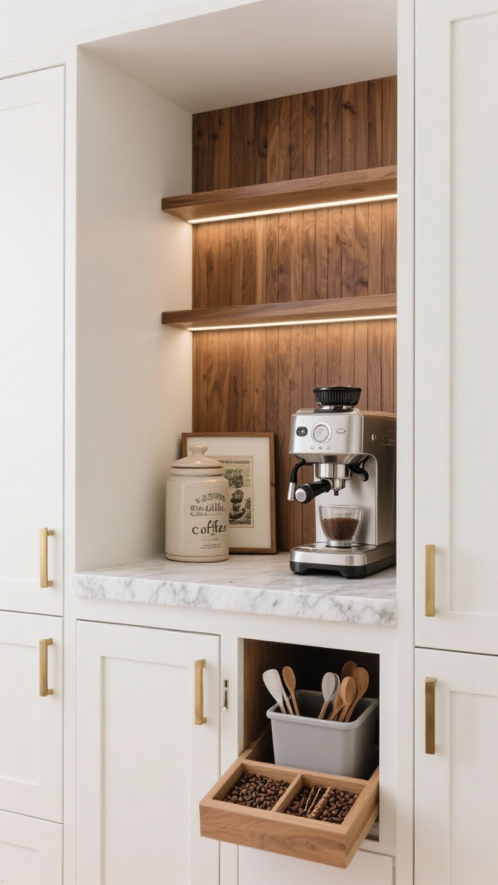 Photorealistic medium shot of a warm wood coffee niche in a creamy white kitchen: a shallow wall recess lined with walnut slat paneling between two tall pantry cabinets, veined white quartz counter with 4-inch matching upstand, slim flip-up appliance garage doors open to reveal an espresso machine and grinder, discreet LED strip under the upper rail casting a soft glow. Include matte brass pulls on adjacent cabinetry, a pull-out bin for beans slightly ajar, a slim drawer with dividers for spoons and filters, and minimal decor: one ceramic canister and a framed vintage coffee print leaning on the upstand. Clean, modern, impossibly neat, no people, straight-on perspective.