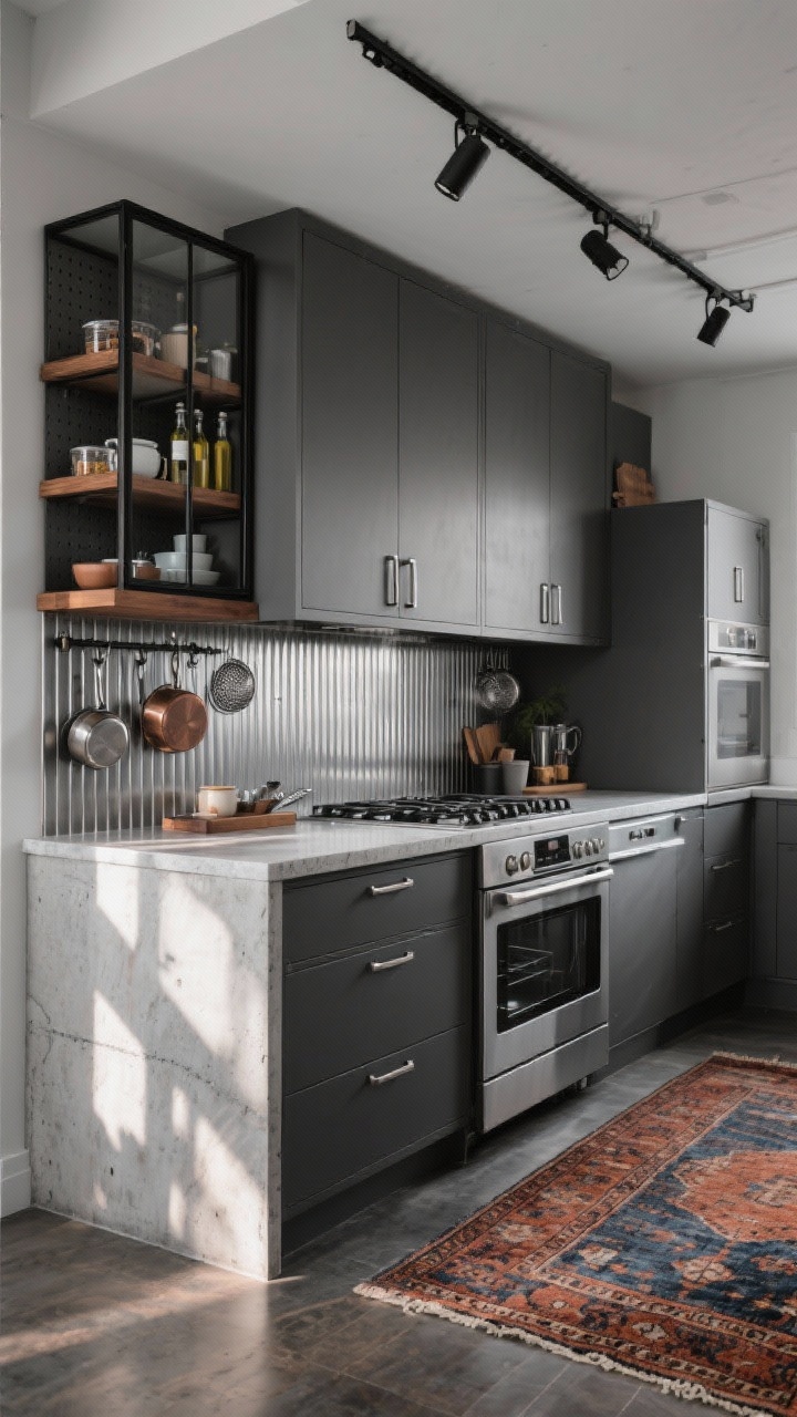 Photorealistic medium shot of an urban industrial-luxe setup: graphite flat-front cabinets with brushed steel hardware, a concrete-look waterfall countertop on a small peninsula, and ribbed stainless or metal panels as a backsplash behind the range. Warm it with walnut open shelves holding everyday wares and a vintage rug runner in rust and denim tones on the floor. Include a compact stainless appliance suite with a panel-ready dishwasher, track lighting with adjustable heads highlighting prep zones, a black-framed glass spice-and-oils cabinet, and a pegboard wall displaying pans and strainers. Slight low-angle, late-afternoon light.