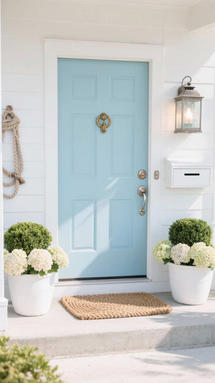 Photorealistic medium shot, straight-on view of a coastal-inspired entry: a powder blue front door with brushed nickel handle set and round weathered brass door knocker, flanked by white planters filled with manicured boxwood and pale hydrangeas; woven rope doormat centered on a light concrete stoop; white shiplap-style wall mailbox to the side; lantern-style sconce with frosted glass casting a soft daytime glow; accents of nautical rope and driftwood tones; palette of powder blue, crisp white, brushed nickel; breezy, bright seaside mood, no people.