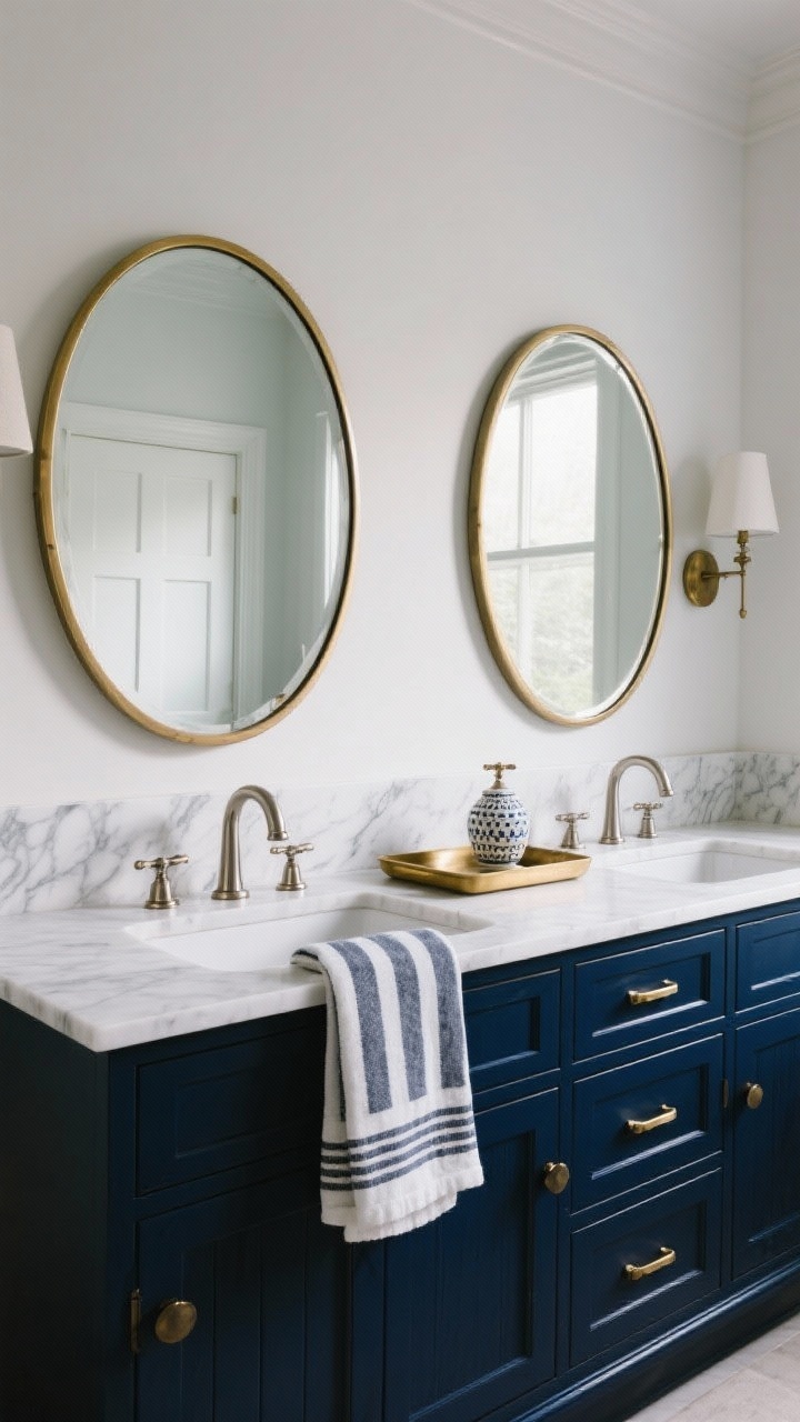 Photorealistic medium shot with nautical edge: inky navy satin vanity with subtle shaker/bevel detail, brushed brass handles, polished nickel faucet. White countertop with dramatic gray veining, dual oval mirrors above. Styled with a striped Turkish hand towel draped over the counter, a brass tray, and a small ceramic lamp if space allows. Balanced mixed metals, refined drama, soft directional lighting.