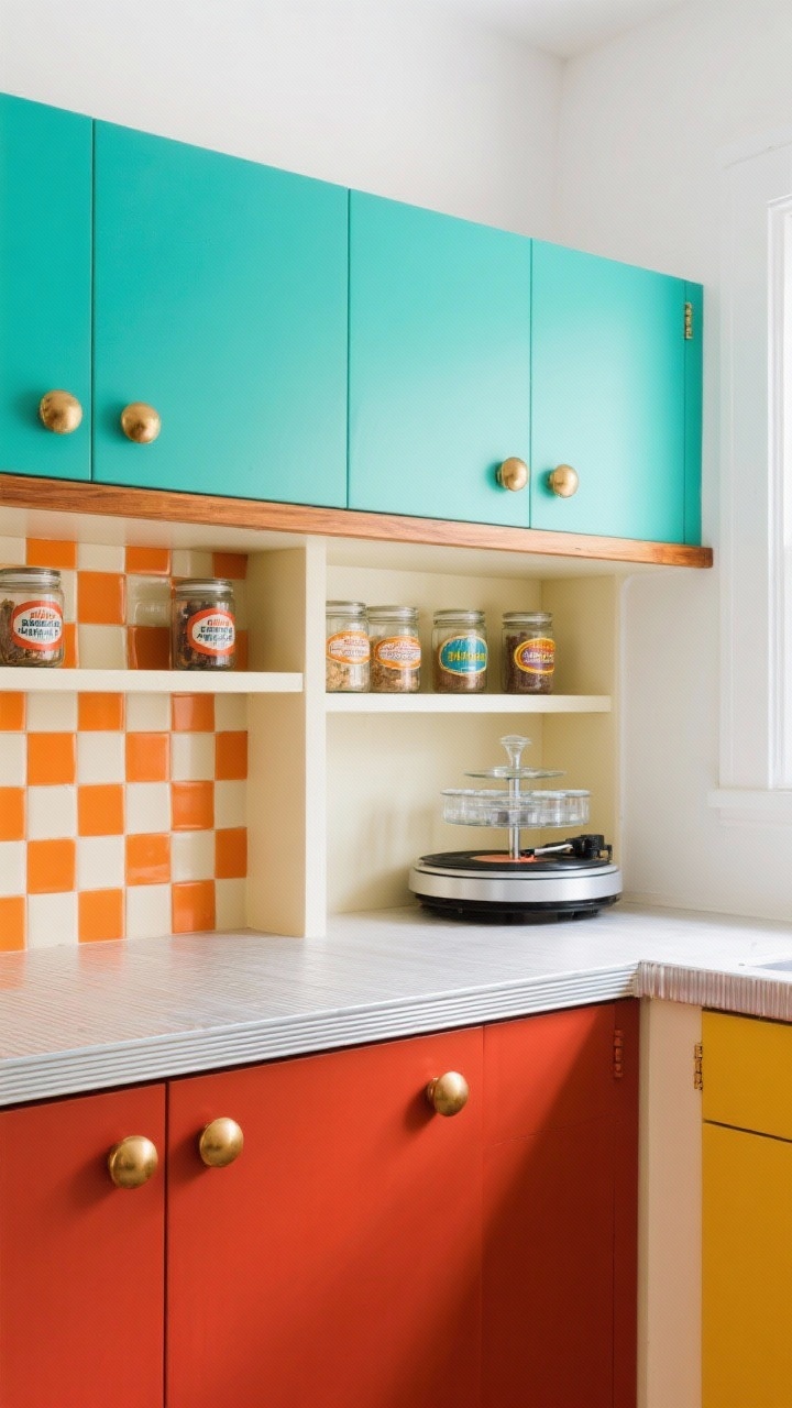 Photorealistic medium shot with playful retro energy: color-blocked pantry with two-tone smooth doors—upper cabinets in tangy melon, lowers in rich paprika—divided by a thin oak rail. Rounded edge profiles on doors, chunky brass mushroom knobs. Inside glimpses of cream-and–burnt orange checkerboard shelf liners and a spinning carousel for jars like a turntable. Counter is retro laminate with a ribbed aluminum edge. Frosted glass canisters with retro label decals in view. Lighting bright and crisp, surrounding wall kept crisp white to make colors pop. Angle: straight-on with slight wide lens to emphasize color fields.