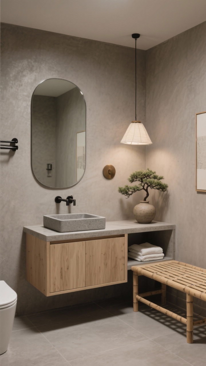 Photorealistic medium-wide shot of Japandi minimal bathroom: microcement/tadelakt-look warm gray walls, light ash or bamboo vanity with clean lines, rectangular vessel sink in matte stone/porcelain, large-format porcelain floor in a subdued tone, frameless mirror with rounded corners above, matte black or brushed bronze fixtures, a slatted bench for spa calm; open niche with neatly folded towels and a single ceramic vase, minimal art and a single bonsai/leafy branch; soft-glow wall washers and a paper/linen pendant casting diffuse light; calm, balanced corner perspective.