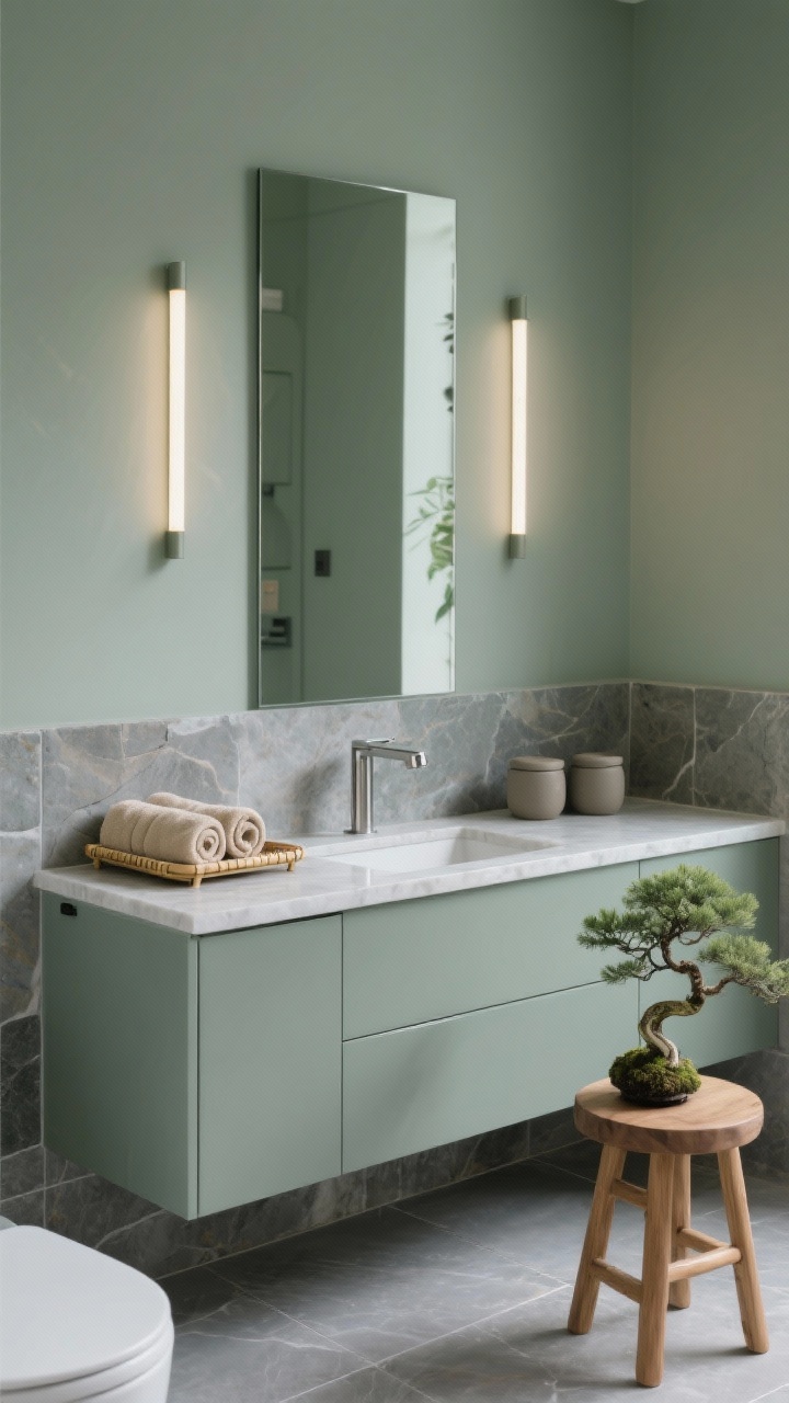 Photorealistic minimalist medium shot of a zen bathroom in muted sage gray-green walls, stone-look quartz vanity top, and brushed stainless fixtures; frameless mirror, concealed-storage vanity, slim vertical sconces creating calm symmetry; accessories limited to a bamboo tray, rolled sand-colored towels, matte ceramic canisters, and a small bonsai or snake plant on a wood bath stool; large-format stone tiles with minimal grout lines; peaceful, uncluttered atmosphere.