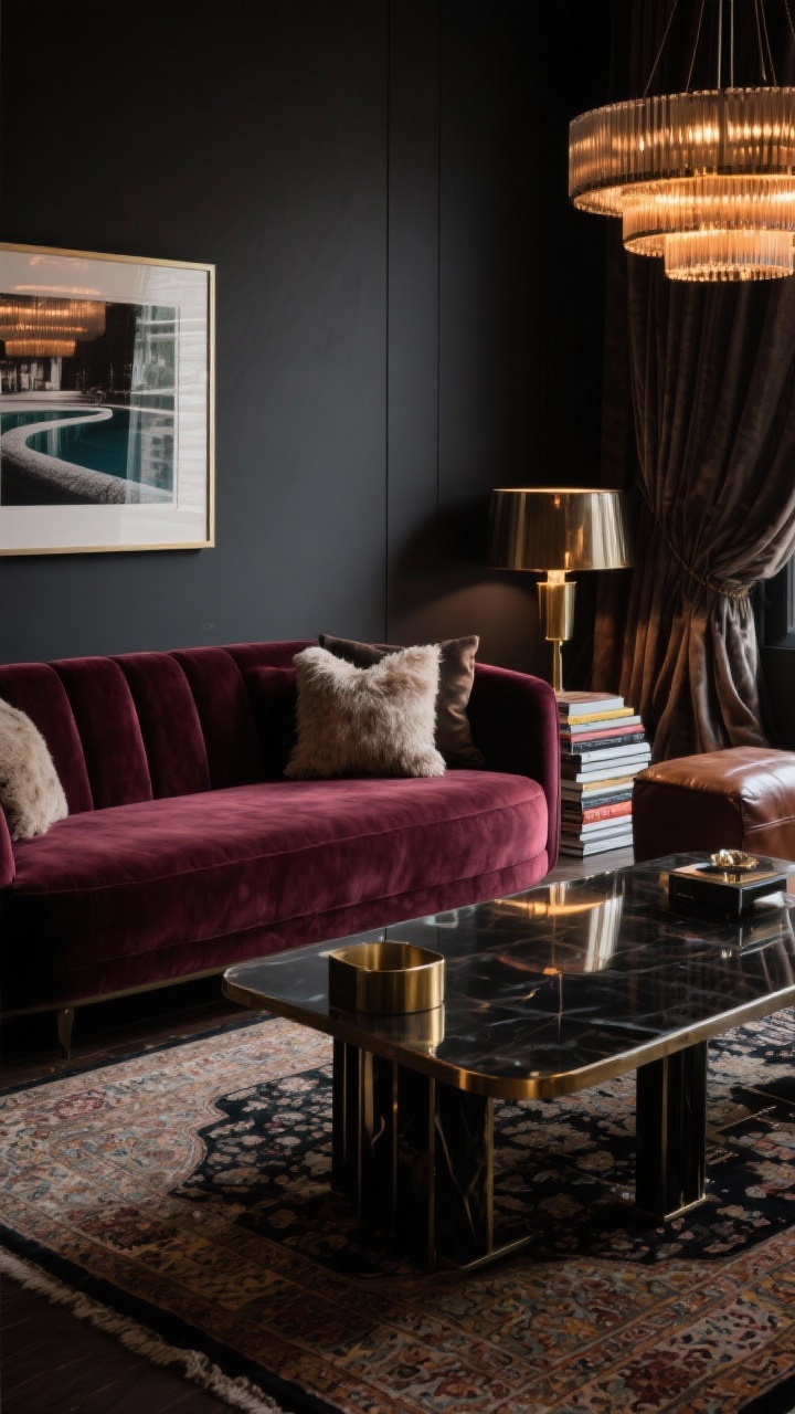 Photorealistic moody luxe cocoon closeup: detail of a merlot velvet sofa against rich charcoal walls, edge of a Persian-style rug and a smoked glass coffee table with aged brass and blackened steel accents; warm LED pool from a tiered chandelier reflected softly; mohair pillows, leather ottoman corner, heavy drapery pooling on the floor; large framed photography and stacked art books partially in frame; intimate, low, cinematic lighting, tight composition emphasizing texture and depth.