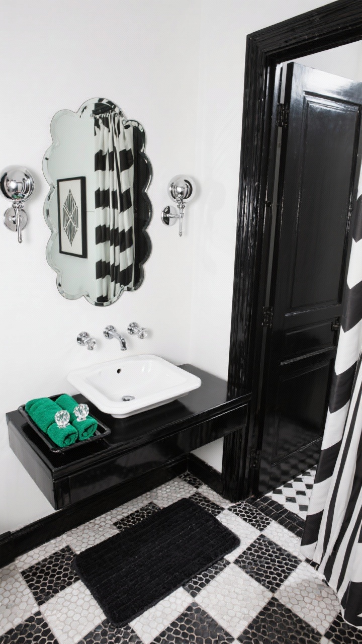 Photorealistic overhead/angled detail shot highlighting crisp black-and-white Art Deco elements: high-contrast white wall with glossy black door edge and vanity corner, polished chrome twin globe sconces reflected in a scalloped-edge mirror; black-and-white mosaic floor (hex/basketweave) with a checkerboard bath mat; pinstripe shower curtain and geometric art partially visible; emerald hand towels and crystal-style knobs on a black lacquer tray; glamorous and graphic.
