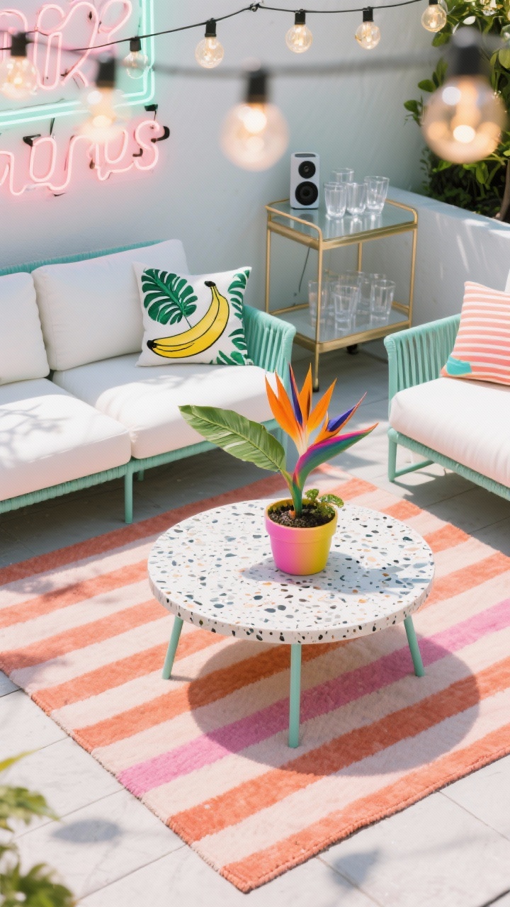 Photorealistic overhead detail shot of a playful retro patio vignette: a round terrazzo side table centered on a striped outdoor rug in coral and pink; edges reveal a powder-coated lounge set in mint with crisp white cushions; graphic outdoor pillows including a banana-leaf print; a color-dipped planter with a bird of paradise leaf entering frame; retro string bulbs bokeh in the background and a hint of a neon-style LED sign glow; nearby bar cart corner with acrylic glasses and a portable Bluetooth speaker; bright, punchy daylight, no people.