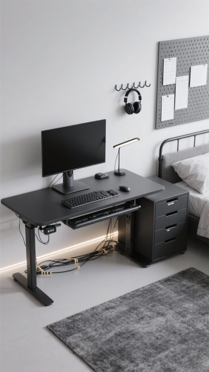 Photorealistic overhead/detail shot of a Sleek Tech Minimalist desk setup, cool indirect LED lighting. Monochrome palette in graphite, white, and slate. Slim standing desk converter with a wireless keyboard, monitor on a black monitor arm, and cable tray underneath with velcro ties for zero cord chaos. Black modular drawers labeled in white to one side. Magnetic grid board mounted on the wall edge with schedule cards and headphones hanging, matte black hooks nearby. Subtle under-desk LED light strip glow; clip-on LED task light attached to bed frame just visible. Graphite low-pile rug texture seen at the bottom edge. Clean, streamlined, efficient.