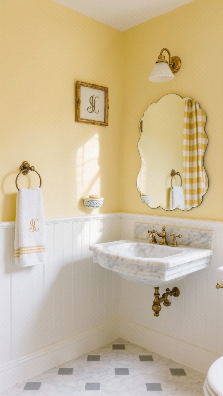 Photorealistic straight-on medium shot of a classic buttercream yellow bathroom with white beaded board wainscot, marble-top vanity, and antique brass hardware; scalloped-edge mirror, gingham café curtains filtering sunlight, brass picture light over the mirror; monogrammed towels on vintage-style wall hooks, ceramic soap dish; classic white hex tile floor with soft gray grout; cheerful, timeless atmosphere.