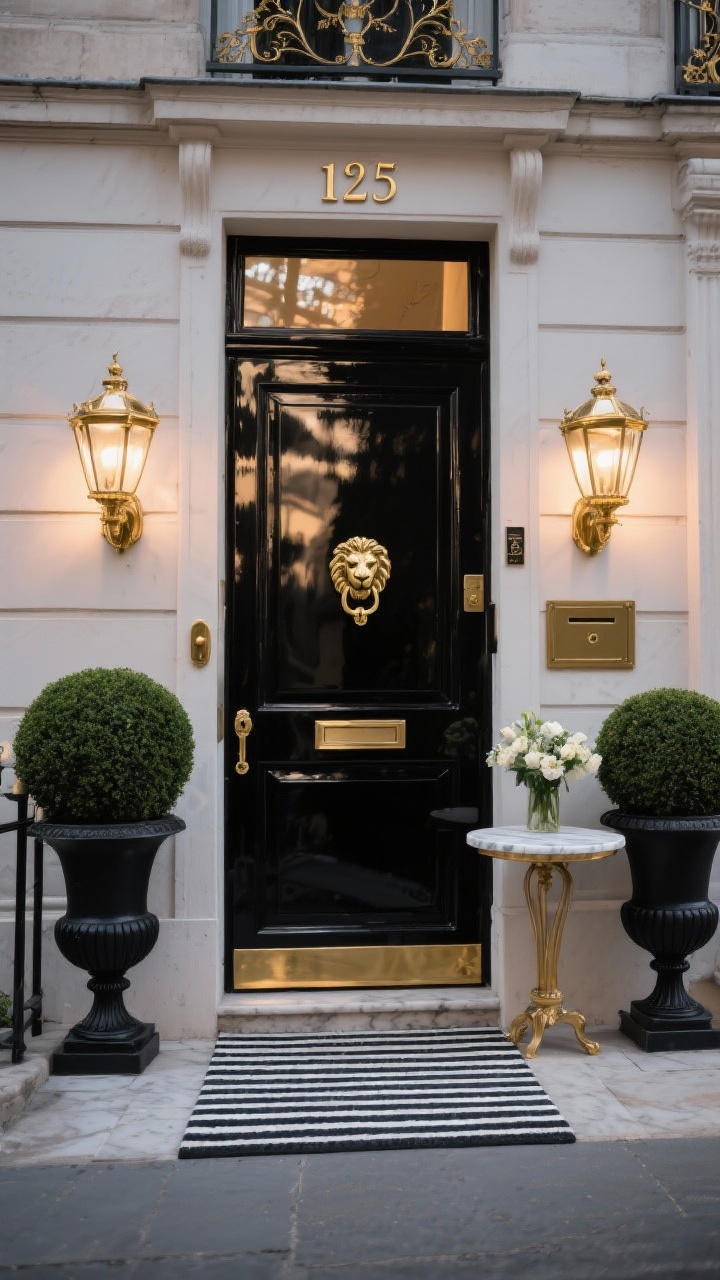 Photorealistic straight-on wide shot of a Parisian-inspired townhouse facade: high-gloss black door reflecting light, fitted with polished brass classic knob, mail slot, and lion-head knocker; matching clipped topiary spheres in black urns flanking the entry; crisp black-and-white striped doormat aligned with the threshold; ornate brass house numbers above; small marble-topped side table to one side with a simple floral arrangement; traditional lacquered brass lantern sconces on both sides, evening glow; luxe, formal mood, no people.