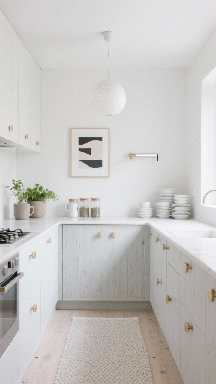 Photorealistic wide, bright Scandinavian kitchen: soft white walls, flat-panel cabinets clad in birch-look peel-and-stick fronts, slim satin brass pulls; clutter-free counters with clear canisters and stacked white dishes; linear sconce above a framed abstract print, diffused globe pendant lighting; pale runner with micro-pattern on light floor; stoneware mugs and matte planters with fresh herbs; clean lines, pale gray accents, straight-on symmetrical composition with calm hygge mood.